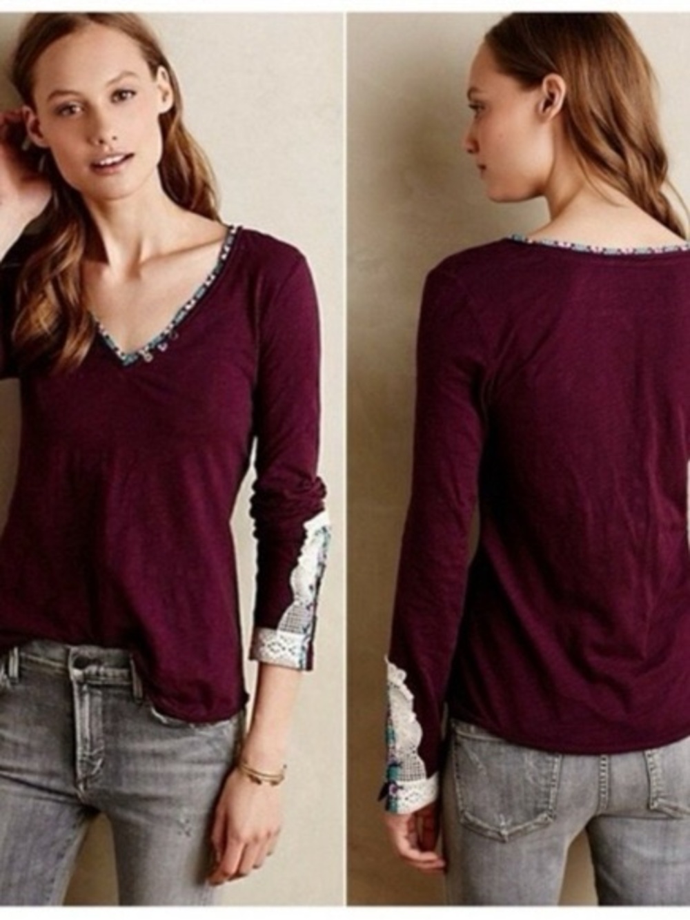 Anthropologie little yellow button Henley Long Sleeve M Plum Purple Crotchet